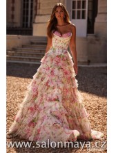 Korzetové, bílé šaty s květy. Volánky, rozparek. (US8)