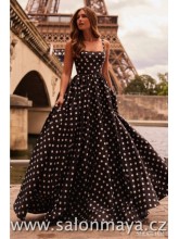 NEJSOU V SALÓNU - Černé šaty na ramínka s bílými puntíky, volná záda, bohatá sukně. (US4)