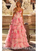 Korzetové světle růžové šaty s květy,krajkové zdobení na prsou, šifónová volánková sukně, rozparek. (US6)