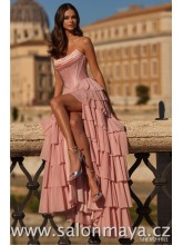 Světle růžové, korzetové šaty, poseté kamínka, volánková, šifónová sukně. (US2)