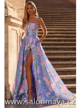 NEJSOU V SALÓNU - Světle fialkové, korzetové šaty s květy, áčkový střih, rozparek. (US8)