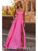 Sladce růžové šaty na ramínka, dekolt zdoben perličkami, kapsy, rozparek. (US0)