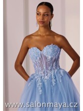 Světle modré korzetové šaty s bohatou, tylovou sukní, transparentní korzet, korzet je zdoben krajkou. 