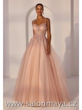 Světle růžové šaty na ramínka s bohatou tylovou sukní, korzet je zdoben květinovou krajkou, šněrování. 