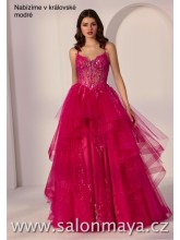 Královsky modré šaty na ramínka, transparentní korzet, sukně s velkými volány, korzet je zdoben flitry. 