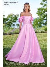 Černé korzetové šaty s padlými ramínky, které jsou zdobeny kvítky, áčková sukně, překládaný korzet. 