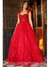 Červené korzetové šaty s volánkovými ramínky, šaty jsou zdobeny flitry a krajkou s květinovým motivem, šněrování. (US0) 