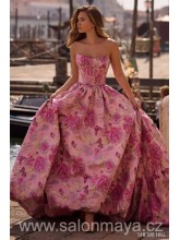 Růžové, korzetové brokátové šaty s květy, bohatá sukně, šněrování, kapsy (US6). 