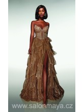 NEJSOU V SALÓNU - Zlaté korzetové třpytivé šaty s volánovou sukní, rozparek, transparentní výkroj na korzetu. 