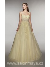 Světle žluté šaty na ramínka s bohatou tylovou sukní, korzet je pošit květinovou krajkou, šněrování, křížená ramínka na zádech.  