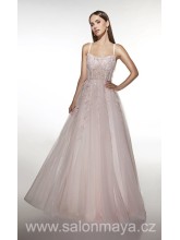 NEJSOU V SALÓNU - Světle růžové šaty na ramínka s bohatou tylovou sukní, korzet je pošit květinovou krajkou, šněrování, křížená ramínka na zádech.  