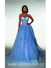 Korzetové modro fialové šaty s bohatou tylovou, šaty jsou pošité květinovou krajkou, šněrování. (US6)