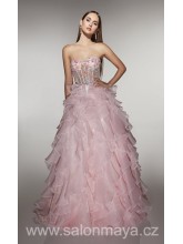 Světle růžové, korzetové šaty, korzet je zdoben barvenými kvítky, volánková sukně. 