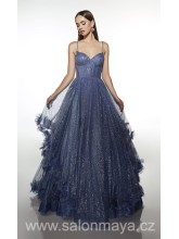 NEJSOU V SALÓNU - Modré korzetové třpytivé šaty s přídavnými ramínky, na volánkové sukni je na volánech řasení, šněrování.  (US6)