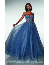 NEJSOU V SALÓNU - Modro šedé korzetové třpytivé šaty, korzet do V je zdoben kvítky, šněrování. (US8)