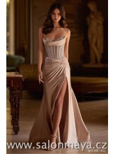 Upnuté, saténové, korzetové šaty v barvě šampaň, kamínkový korzet, rozparek. 