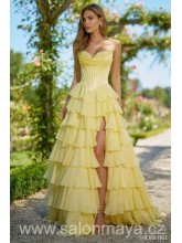 Žluté korzetové šaty, saténový korzet, volánková, šifónová sukně, rozparek, krajka v dekoltu. (US0)