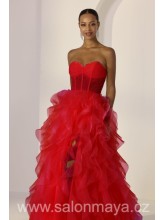 Červené korzetové šaty s volánkovou sukni, jemné kamínkové zdobení v dekoltu, rozparek. 