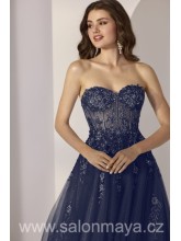 Korzetové, tmavě modré šaty s tylovou sukní, transparentní korzet je zdoben květinovým zdobením, šněrování. 