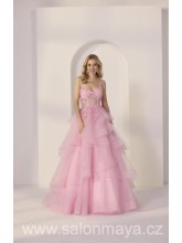 Světle růžové, korzetové šaty na ramínka za krk, na zádech křížení, sukně s velkými, nadýchanými volány, transparentní korzet, na korzetu krajkové, květinové zdobení. (US4)