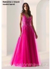 Tmavě modré šaty na ramínka, na zádech dvojitá ramínka, splývavá tylová sukně, flitrové květinové zdobení na korzetu. 