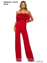 Černý, korzetový overal, krajkový top, peříčka okolo dekoltu. 