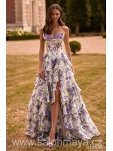 Bílé korzetové šaty s fialovými kvítky, fialová krajka v dekoltu, volánková sukně, rozparek. (US2). 