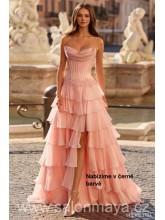 Černé korzetové šaty s krajkovým zdobením v dekoltu a v pase, lehká, šifónová, volánková sukně, rozparek. (US10)