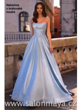 Královsky modré, saténové šaty poseté kamínky, bohatá sukně, korzet má řasení na prsou, šněrování. (US8)