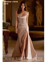 Černé, upnuté, saténové, korzetové šaty v barvě šampaň, kamínkový korzet, rozparek. (US6)