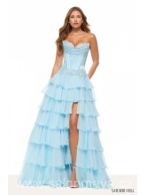 Světle modré korzetové šaty s krajkovým zdobením v dekoltu a v pase, lehká, šifónová, volánková sukně, rozparek. (US6)