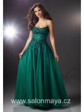 Zelené šaty na ramínka s lehčí tylovou sukní, květinové/krajkové zdobení na topu, na zádech volná záda, šněrování (US8). 