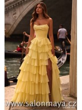 Světle žluté korzetové šaty s krajkovým zdobením na prsou, volánková sukně, rozparek, (US4)